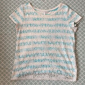 LC Lauren Conrad Blue Stripe Lace Overlay Top L